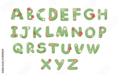 Set of green floral alphabet, abc with flowers for baby shower, birthday cads, nursery room decor.
