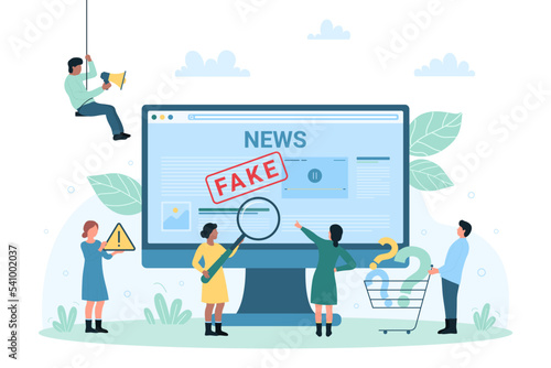Fake news  false misleading information spreading online vector illustration. Cartoon tiny people with magnifying glass verify hoax  disinformation at website or social media on computer screen