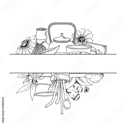 Japanese ceremony with Matcha. Hands holding tea items. Vector illustration doodles, set of tea party in thin line art sketch style