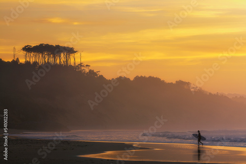 Surfer on coastal beach at dusk, Loredo, Cantabria, Spain photo