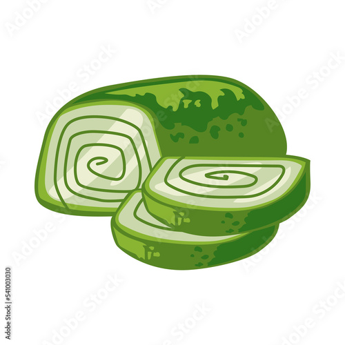 Sweet roll with matcha. Matcha dessert rolled up. Vector illustration isolated on white background. Food, culture concept.