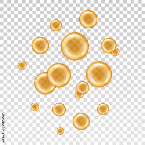 Yellow orb isolated on transparent background. Glass circle shape. Realistic oil bubbles orange color. Set round sphere collagen omega or vitamin. Abstract bead for design print. Vector illustration