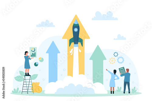 Startup launch technology, business process vector illustration. Cartoon speed rocket flying up high inside arrow, tiny people start new marketing idea or product, success project development