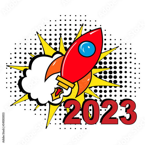 2023 happy new year. Comic text. Pop Art vintage vector illustration. Retro comic speech bubble. Number 2023 text for New Year. Vector illustration, vintage design, pop art style. Colorful New Years