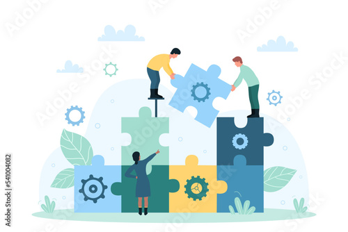 Business organization, cooperation and teamwork vector illustration. Cartoon tiny people connect together puzzle pieces with gears inside, collective work of employees team on corporate goal and idea photo