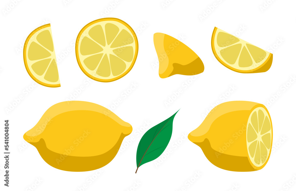Lemon set. Vector illustrations of sour yellow citrus fruit. Cartoon whole lemon with peel, cut in half, into slices and pieces isolated on white. Lemonade, juice, vegetarian fresh food concept Lemon set. Vector illustrations of sour yellow citrus fruit. Cartoon whole lemon with peel, cut in half, into slices and pieces isolated on white. Lemonade, juice, vegetarian fresh food concept