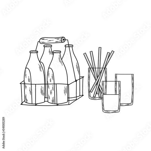 Milkman's wire basket with full bottles of milk, milk glasses and glass straws in line art style