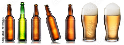 Collection of beer bottles and glasses of beer. Transparency mask