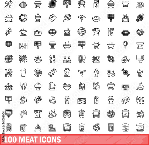 100 meat icons set. Outline illustration of 100 meat icons vector set isolated on white background