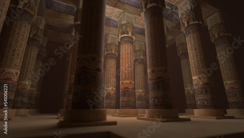 Ancient Egyptian temple with pillars and hieroglyphs