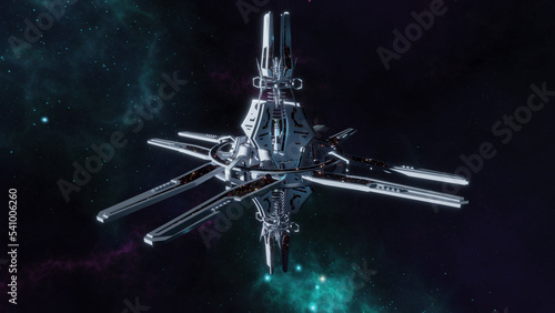 Fantasy space station in space with bright colors