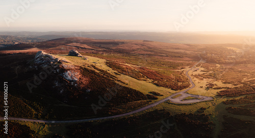 Aerial view of Haytor Rocks on Dartmoor at sunrise