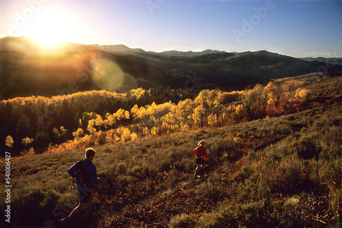 Trail Runners enjoying Fall colors, Jackson, Wyoming. photo