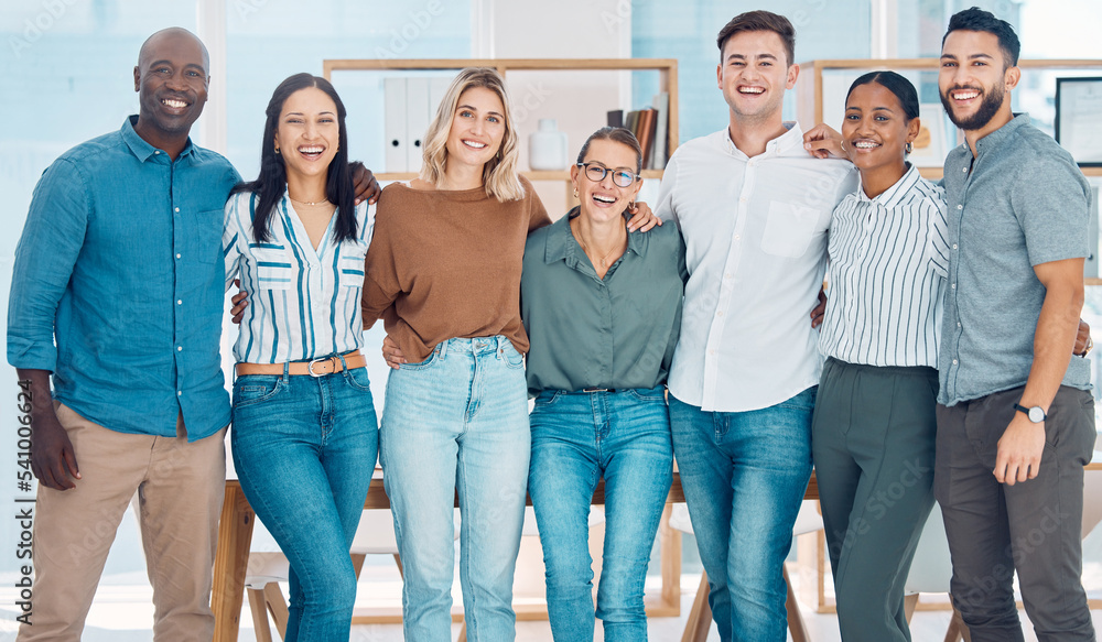 Diversity, smile and happy teamwork in a startup marketing and advertising office. Collaboration, portrait and motivation team in a creative workplace with support, vision and trust in a workplace
