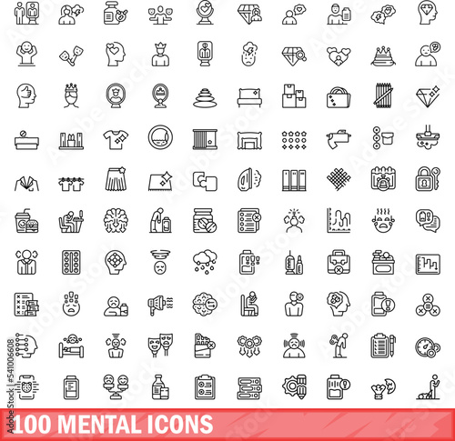 100 mental icons set. Outline illustration of 100 mental icons vector set isolated on white background
