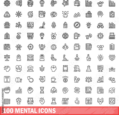 100 mental icons set. Outline illustration of 100 mental icons vector set isolated on white background