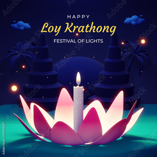 Loy krathong, Thai traditional festival with full moon, pagoda and temple background photo