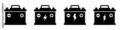 Car battery icon collection. Energy power accumulator. Automotive charge sign. Auto battery symbols isolated on white background. Vector illustration.