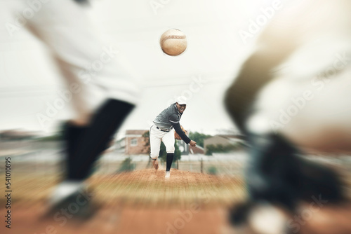 Konstfotografi Baseball, fast ball and sport athlete throwing in a sport, exercise and workout training in a game