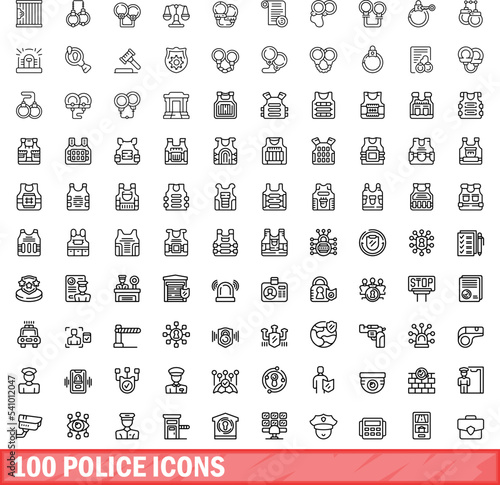 100 police icons set. Outline illustration of 100 police icons vector set isolated on white background