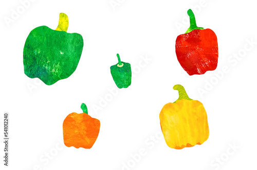 黄色、赤色、緑、オレンジのピーマン、パプリカ、ペッパーのコラージュ、切り絵、手作り風、ペーパーアートイラスト