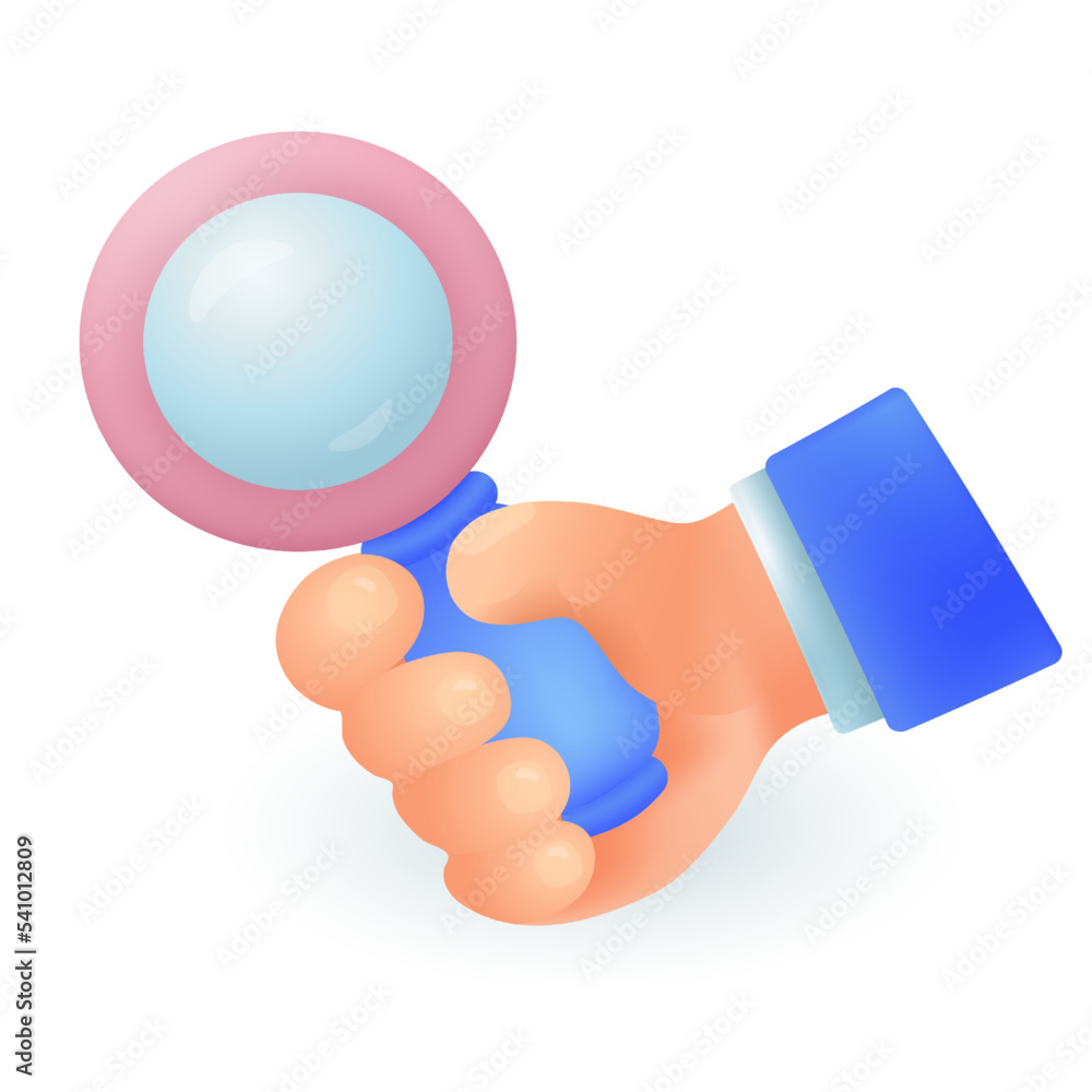 Hand of man holding handle of magnifying glass 3D icon. Person looking through magnifier for analysis, detecting problems 3D vector illustration on white background. Search, investigation concept