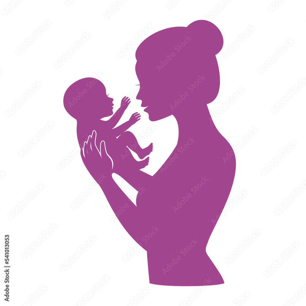 Woman holding a small newborn baby icon vector. Woman with baby purple silhouette design element isolated on a white background. Mother hugging baby drawing