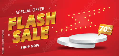 Online shopping sale banner design with podium for social media post.