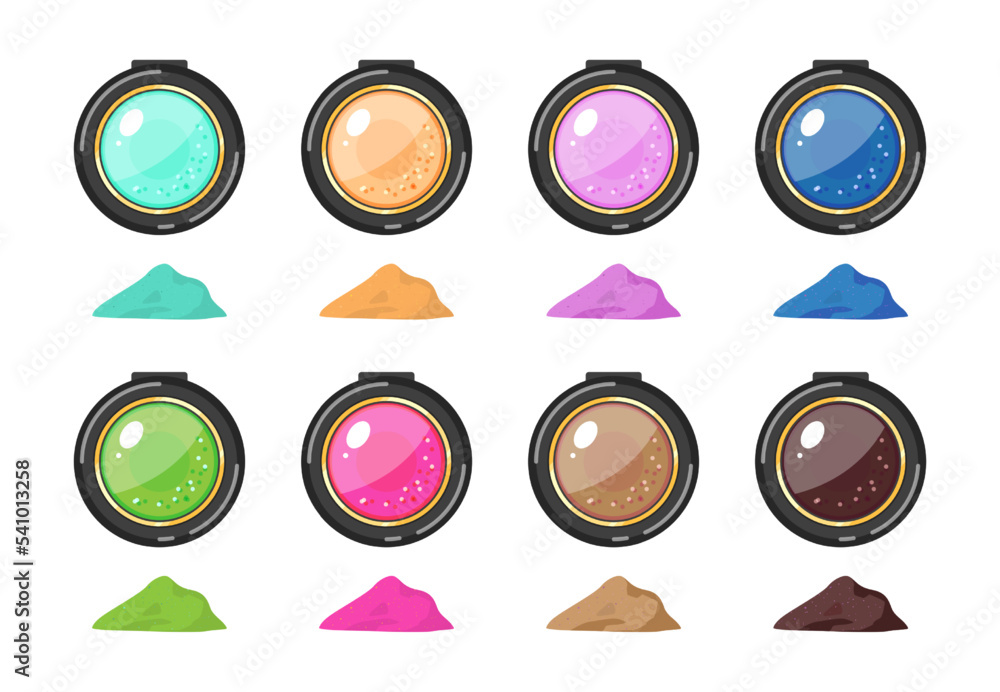 Eye shadow set. Vector illustrations of plastic circle containers and