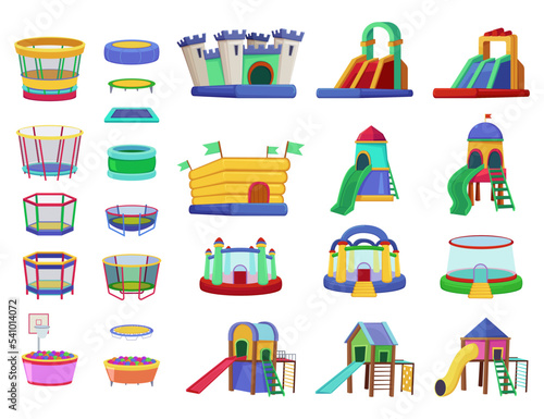 Inflatable objects for playground vector illustrations set. Bouncy trampolines, castles or slides for children playroom or games isolated on white background. Childhood, entertainment, leisure concept