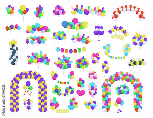 Balloons as decoration for party vector illustrations set. Inflatable spheres, balloon arches, garlands for wedding, festival or carnival isolated on white background. Decoration, celebration concept