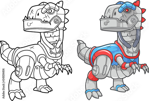 cartoon robot dinosaur tyrannosaurus, coloring book, funny illustration