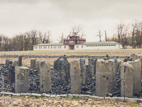 Black basalt steles and gate building with watchtower at concentration camp, KZ Buchenwald