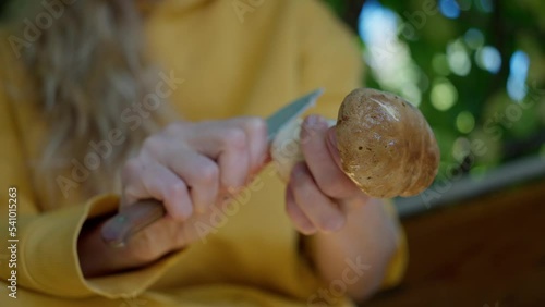 Wallpaper Mural A woman cleaning porcini mushrooms in the garden with a knife. Close-up Torontodigital.ca