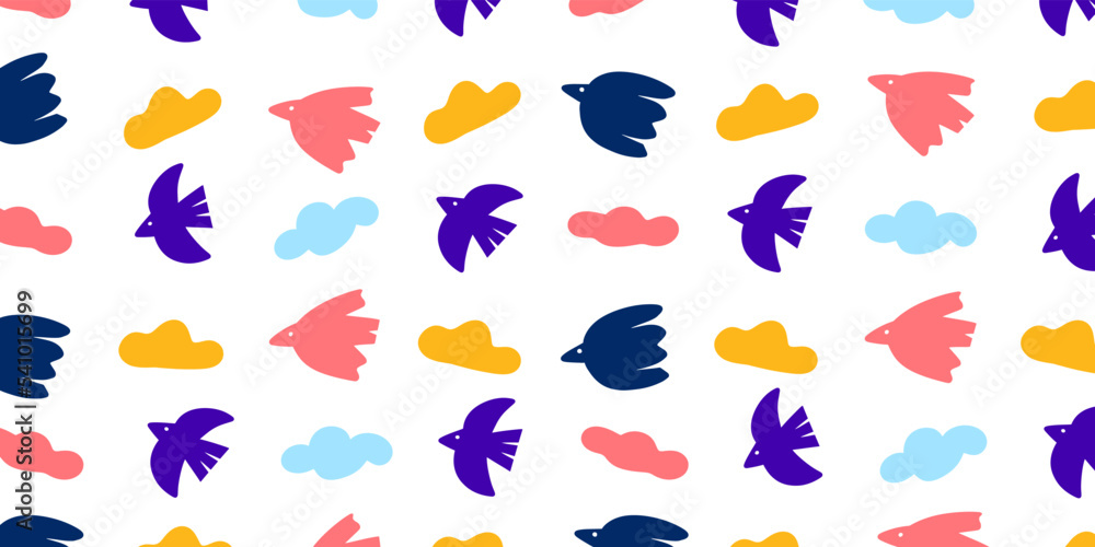 Minimalist trendy bord and cloud in naive style for cute background illustration design. Wallpaper in pattern hand drawn style Minimalist trendy bord and cloud in naive style for cute background illustration design. Wallpaper in pattern hand drawn style