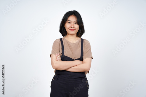 Smiling and looking at camera of Beautiful Asian Woman Isolated On White Background