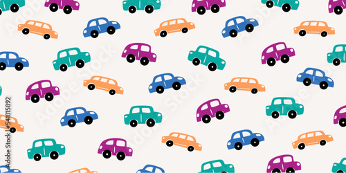 Colorful car in childish style for cute background illustration design. Wallpaper in pattern hand drawn style