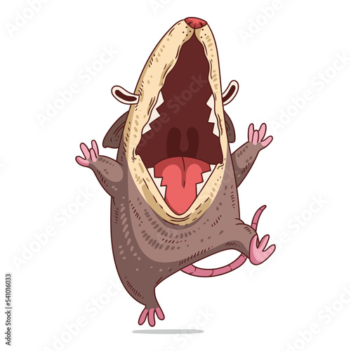 A Happy Opossum, isolated vector illustration. Funny cartoon picture of a scared possum running with cries. A humorous animal sticker. Simply drawn opossum jumping with joy on white background.