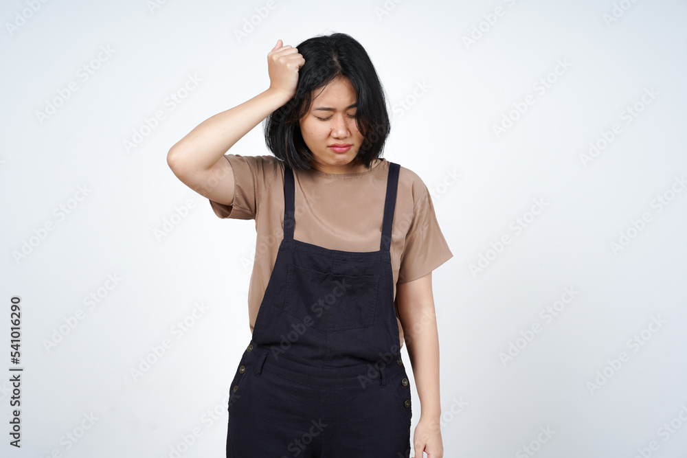 Suffering Headache Gesture of Beautiful Asian Woman Isolated On White Background