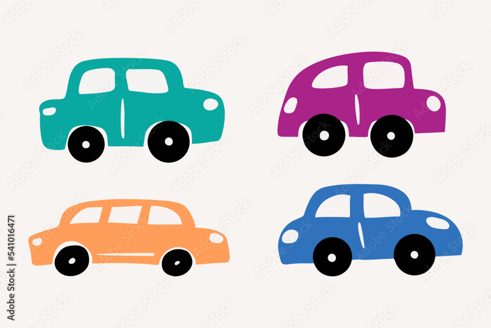 Set cute of car toys illustration. Colorful transportation drawing in childish style