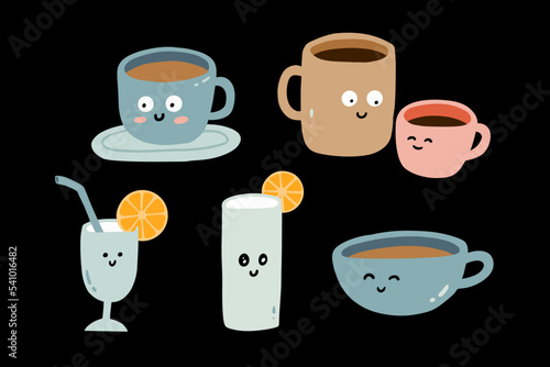 Set of cute cup character illustration with coffee, lemon tea, couple of coffee, juice, etc.