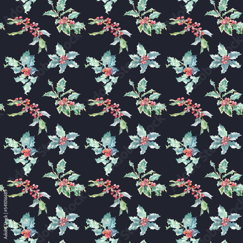 Wallpaper Mural Watercolor Christmas seampless pattern. Winter flora illustration, poinsettia, holly berry,  new year black wallpaper, decoration tile, fabric,wrap, scrapbooking, background   Torontodigital.ca