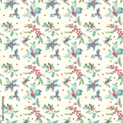 Watercolor Christmas seampless pattern. Winter flora illustration, poinsettia, holly berry, new year beige wallpaper, decoration tile, fabric,wrap, scrapbooking, background 