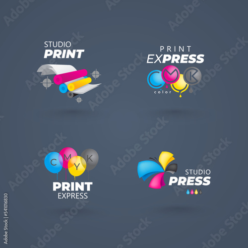 Set logo print cmyk theme design prepress and press copy polygraphy black background