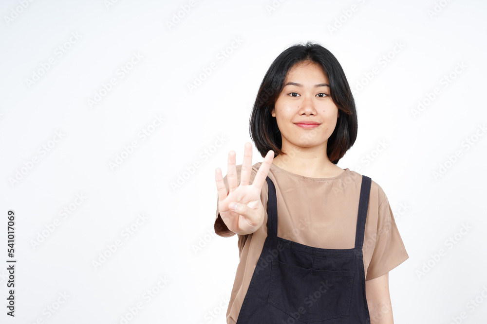 Showing count Four finger of Beautiful Asian Woman Isolated On White Background Showing count Four finger of Beautiful Asian Woman Isolated On White Background