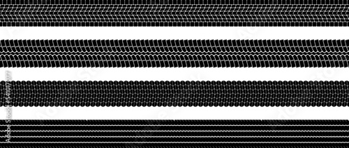 Set of black tire tread print isolated on white background. Footprint of bike or car wheels with seamless texture. Top view of rubber protector marks on asphalt. Vector brush