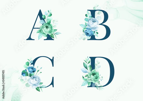 Watercolor floral alphabet set of A, B, C, D with flowers and leaves. Flowers composition for logo, cards, branding, etc