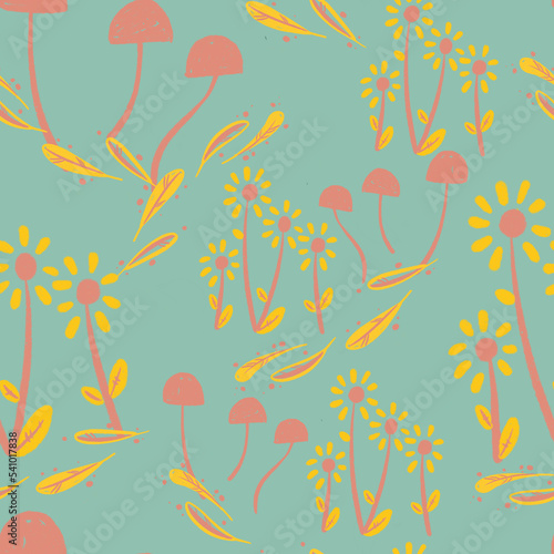 Seamless pattern on an olive background with small flowers and mushrooms