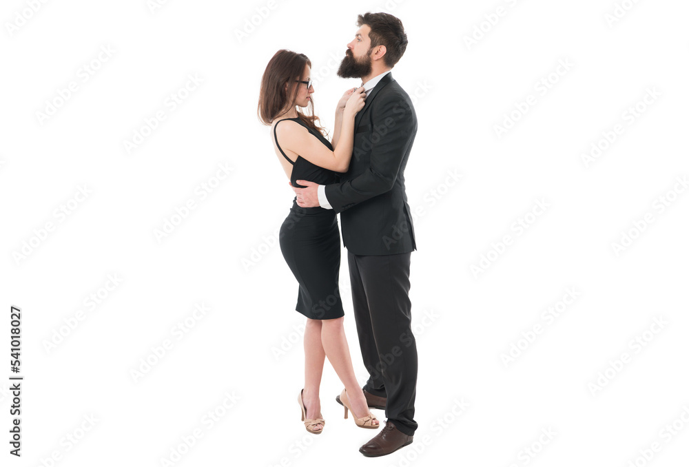 Couple get ready for party. Official dress code. Woman elegant lady and bearded gentleman black tuxedo with bow tie. Formal event. Dress code rules. Party ceremony conference. Dress code concept Couple get ready for party. Official dress code. Woman elegant lady and bearded gentleman black tuxedo with bow tie. Formal event. Dress code rules. Party ceremony conference. Dress code concept