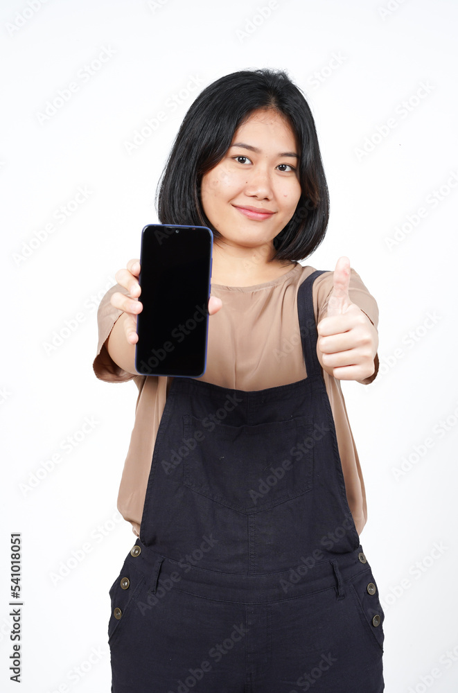 Showing Apps or Ads On Blank Screen Smartphone of Beautiful Asian Woman Isolated On White Background Showing Apps or Ads On Blank Screen Smartphone of Beautiful Asian Woman Isolated On White Background